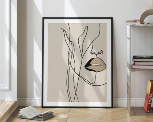 ⁦תמונה לחדר שינה בעיצוב מינימליסטי ציור קווי אישה ועלים צבע בז'⁩ – תמונה ⁦2⁩