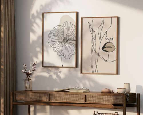 ⁦תמונה לחדר שינה בעיצוב מינימליסטי ציור קווי אישה ועלים צבע בז'⁩ – תמונה ⁦4⁩