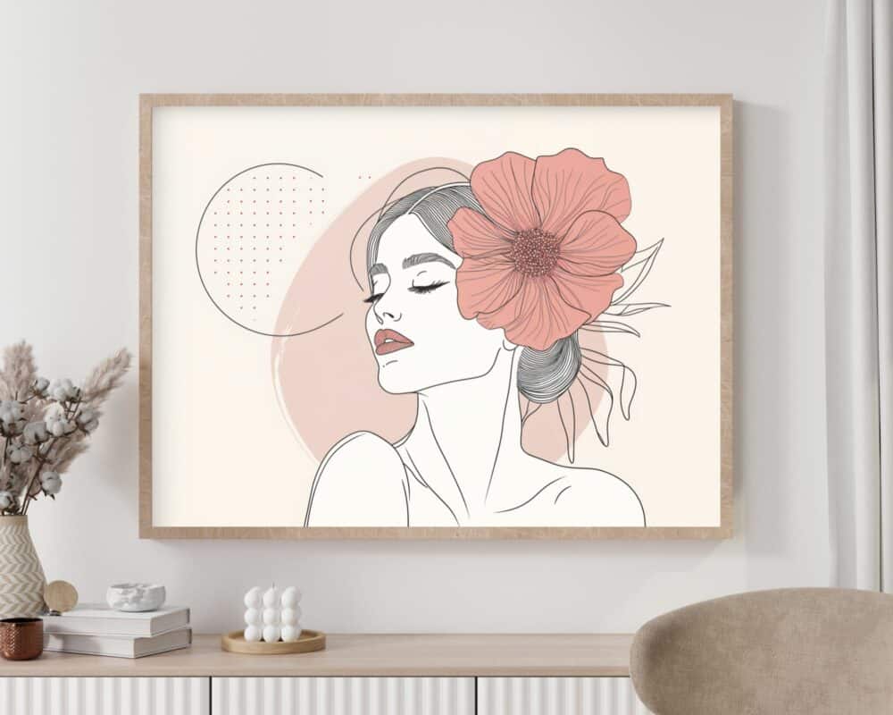 יצירת אמנות ממוסגרת בשם "תמונה מעל המיטה בעיצוב מינימליסטי אישה עם פרח ורוד", המתארת ציור קו מינימליסטי של אישה בעיניים עצומות, עונדת פרח ורוד גדול בשערה. הרקע כולל צורות ונקודות מופשטות. המסגרת מותקנת על קיר מעל ארון לבן המעוטר בפריטי נוי.