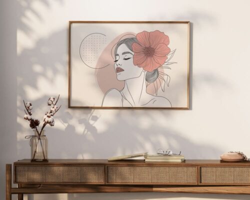 ⁦תמונה מעל המיטה בעיצוב מינימליסטי אישה עם פרח ורוד⁩ – תמונה ⁦2⁩