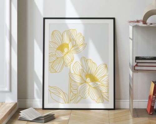 ⁦תמונה לפינת אוכל בעיצוב מינימליסטי קוי מתאר פרח בצהוב⁩ – תמונה ⁦2⁩