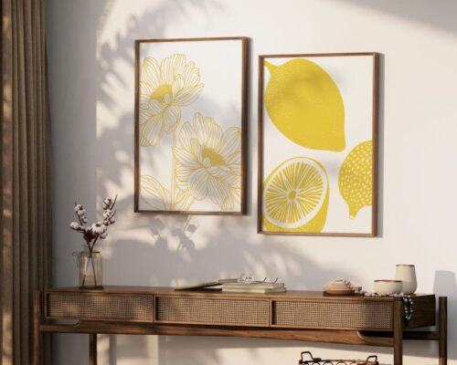 ⁦תמונה לפינת אוכל בעיצוב מינימליסטי קוי מתאר פרח בצהוב⁩ – תמונה ⁦4⁩