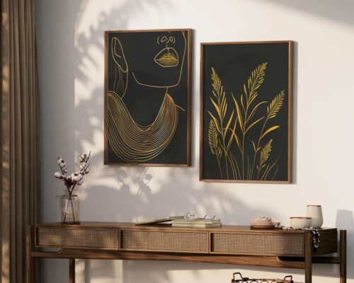 ⁦תמונה למשרד בעיצוב מינימליסטי צמחים בשחור וזהב⁩ – תמונה ⁦4⁩