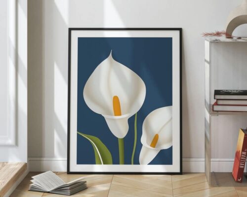 ⁦תמונה לסלון בעיצוב מינימליסטי קאלות לבנות על רקע כחול⁩ – תמונה ⁦2⁩