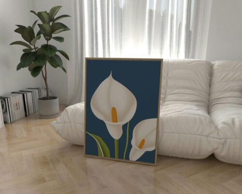 ⁦תמונה לסלון בעיצוב מינימליסטי קאלות לבנות על רקע כחול⁩ – תמונה ⁦3⁩