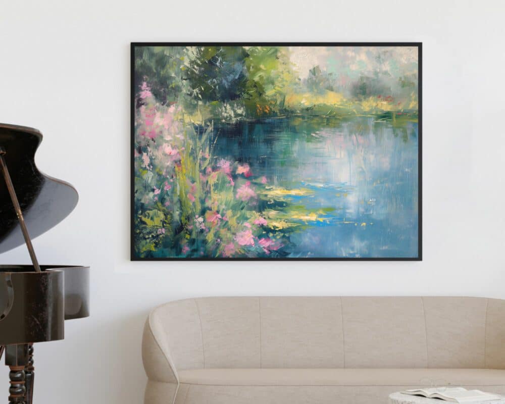 ציור ממוסגר בשם תמונה מעל הספה נוסח וינטג' אמפרסיוני אגם פורח, המתאר בריכה שלווה מוקפת ירק ופרחים ורודים, מותקן על קיר לבן. בחזית, ספה בז' ופסנתר כנף שחור נראים חלקית, ותורמים לאווירת חדר רגועה ואלגנטית.