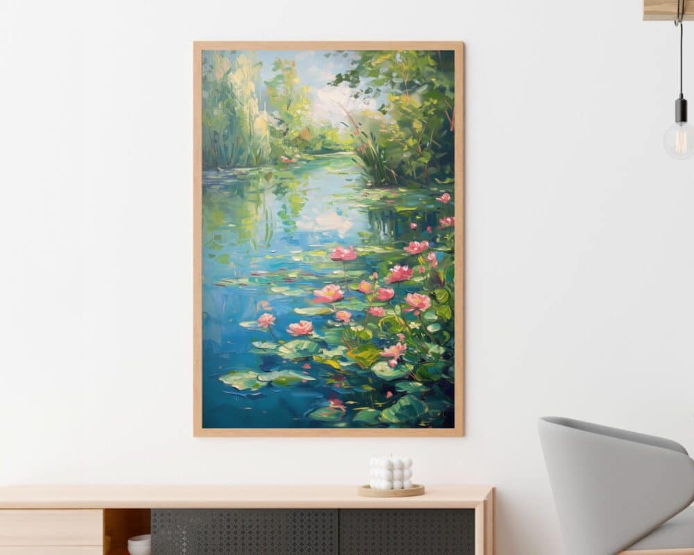 ציור ממוסגר שכותרתו "תמונה לפינת אוכל ציור וינטג' חבצלות מים בנהר" המתאר בריכה שלווה עם חבצלות מים ורודות ועלווה ירוקה ושופעת תלויה על קיר לבן. אור שמש בהיר מסתנן דרך העצים ברקע. מתחת לציור, ציור מודרני כיסא ומזנון עץ מעוטר בנר דקורטיבי מגיעים לעין.