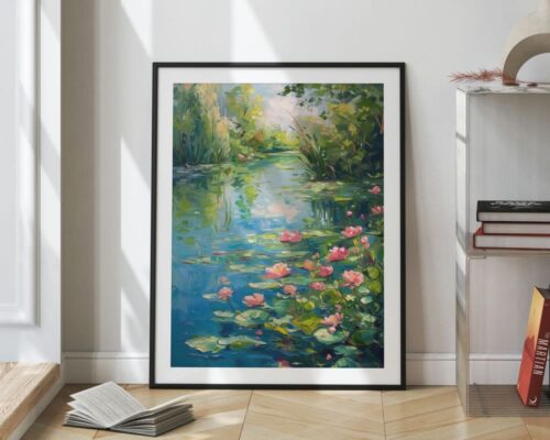 ⁦תמונה לפינת אוכל בסגנון ציור וינטג' חבצלות מים בנהר⁩ – תמונה ⁦2⁩