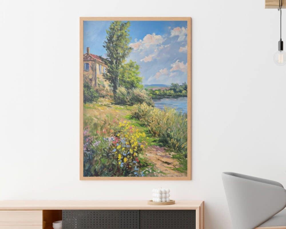 ציור שכותרתו "תמונה לפינת אוכל בסגנון ציור וינטג' ש לבית כפרי" תלוי על קיר לבן מעל שולחן קונסולה מודרני. היצירה מתארת סצנה כפרית עם בית, עץ גבוה, נהר ופרחי בר צבעוניים. החדר כולל גם כיסא אפור בהיר ונורת תליון.