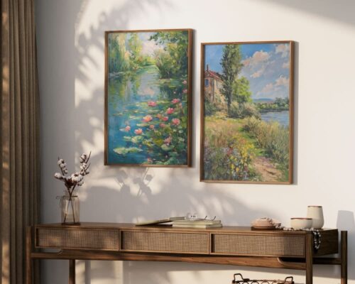 ⁦תמונה לפינת אוכל בסגנון ציור וינטג' שביל לבית כפרי⁩ – תמונה ⁦4⁩