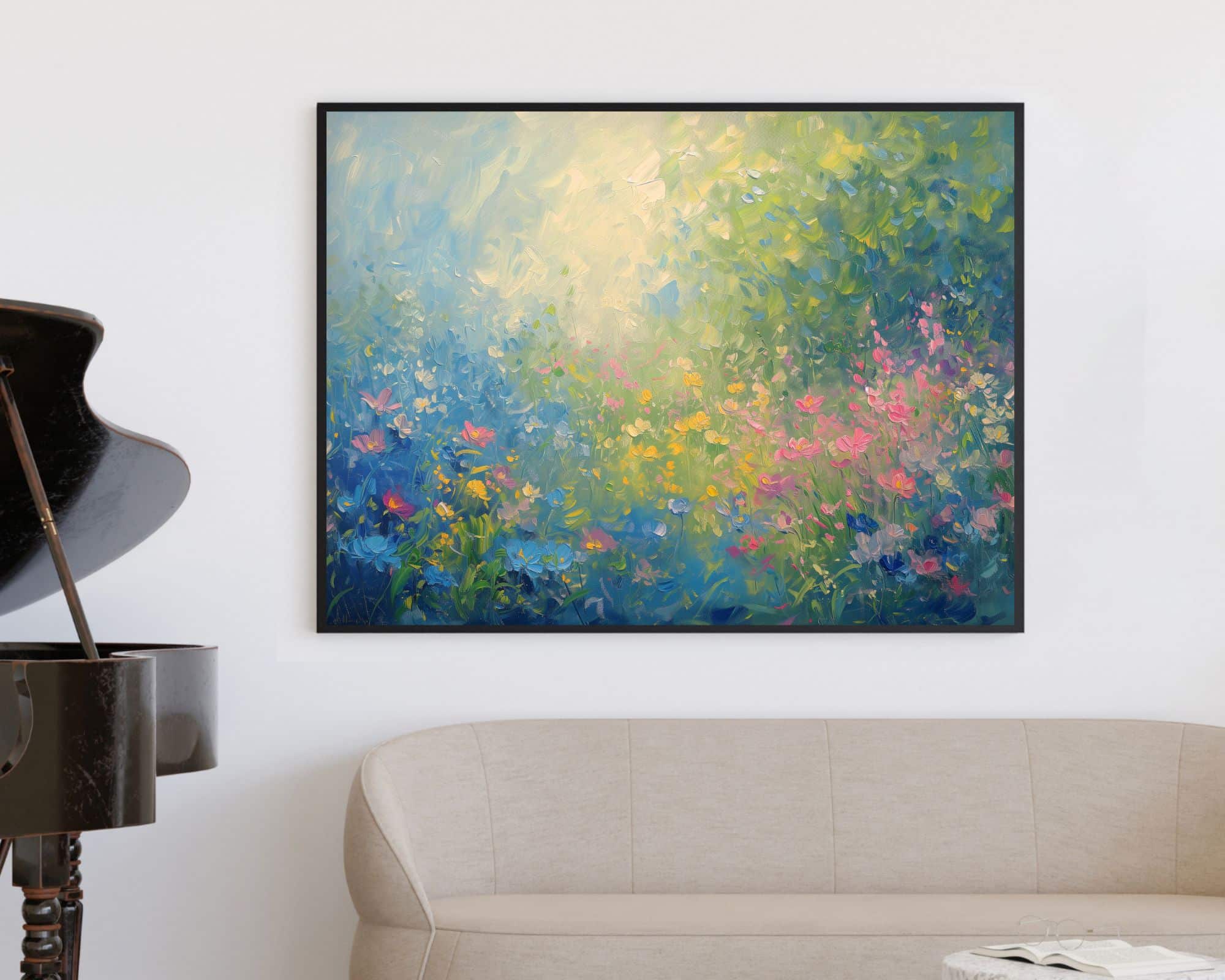 2610mo1 סלון נעים עם תמונה מעל הספה נוסח וינטג' אמפרס יוניסטי שדה פורח מונח על קיר לבן. הציור כולל גוונים שונים של ירוק, ורוד, כחול וצהוב. ספה בז' יושבת מתחת ליצירה, וקצהו של פסנתר שחור נראה משמאל.