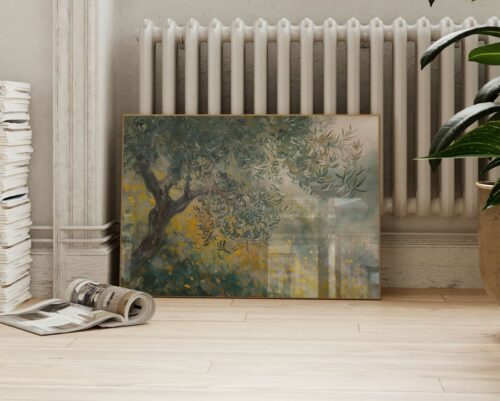 ⁦תמונה מעל הספה בסגנון וינטג' אמפרסיוניסטי עץ זית בשדה פורח⁩ – תמונה ⁦2⁩