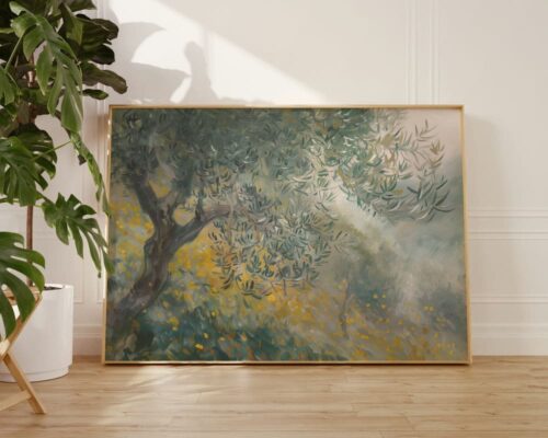 ⁦תמונה מעל הספה בסגנון וינטג' אמפרסיוניסטי עץ זית בשדה פורח⁩ – תמונה ⁦3⁩