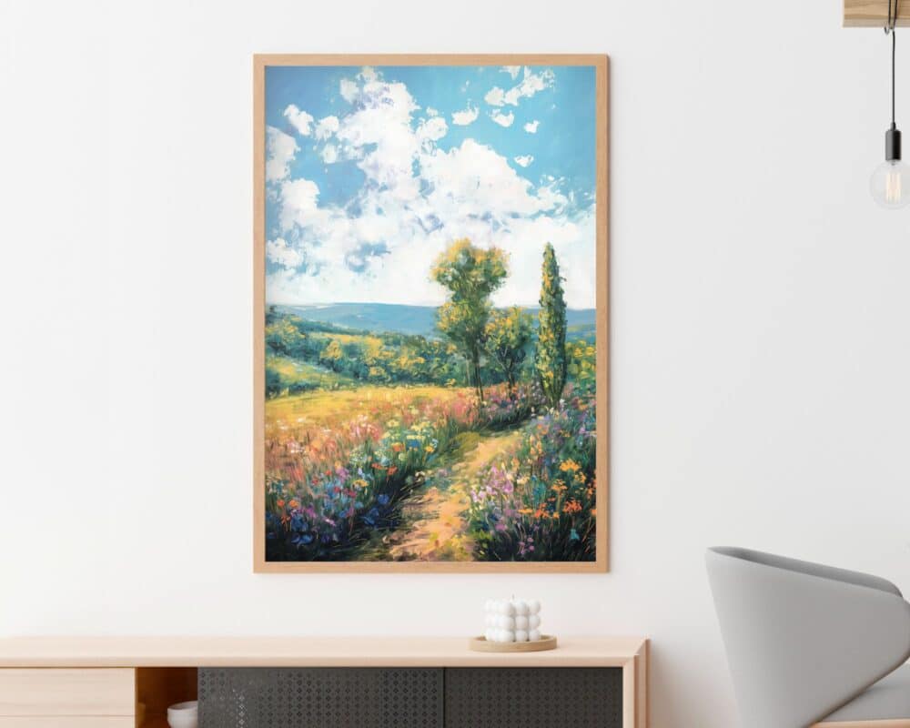 תמונה ממוסגרת בשם 'תמונה לפינת אוכל ציור וינטג' שביל בחורשה פורחת' תלויה על קיר לבן. יצירות האמנות מציגות סצנה תוססת עם שביל המוביל דרך שדות פרחים צבעוניים, עץ ירוק, ברוש גבוה וגבעות מתגלגלות מתחת לשמים כחולים בהירים עם עננים.