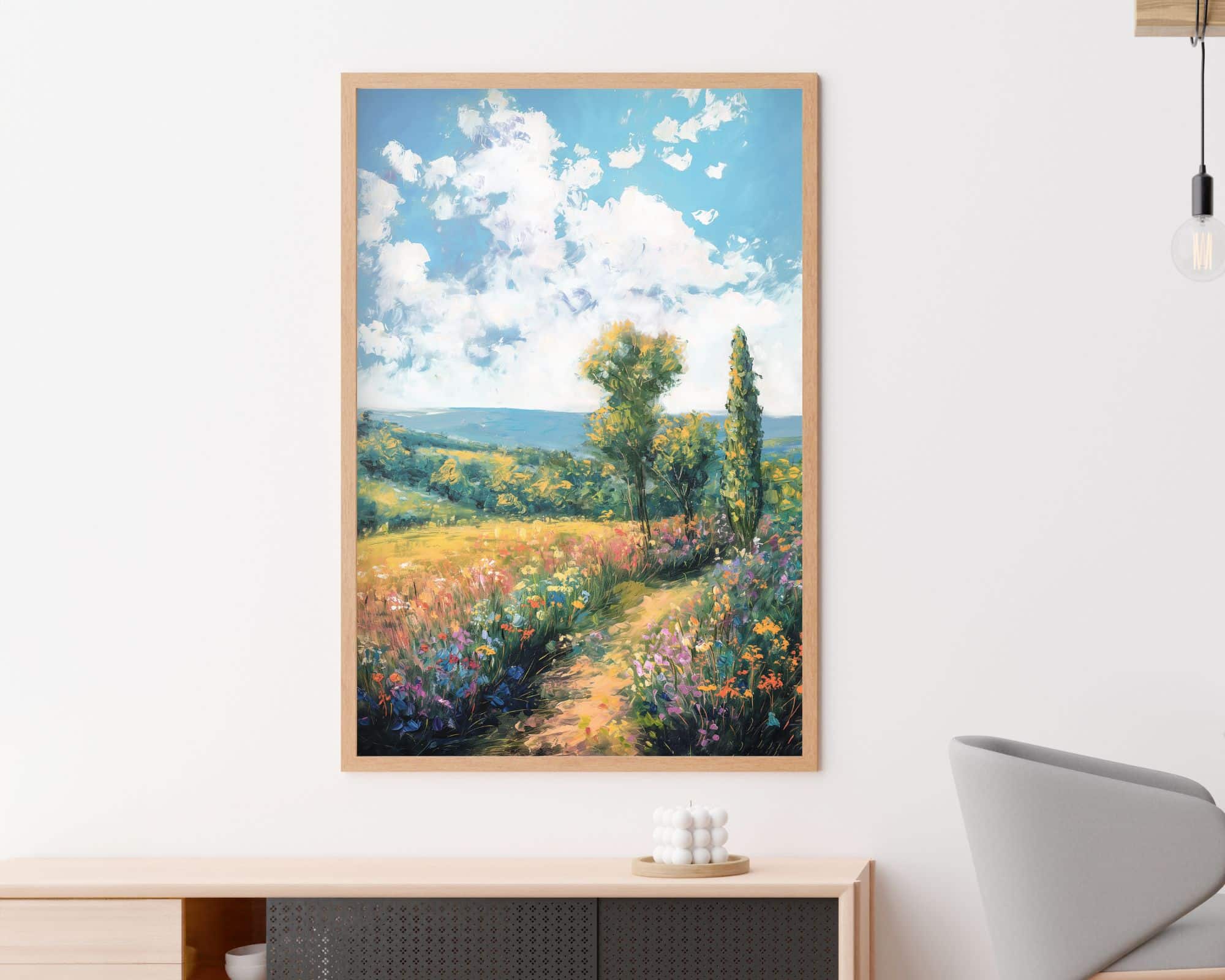 2614mo1 תמונה ממוסגרת בשם 'תמונה לפינת אוכל ציור וינטג' שביל בחורשה פורחת' תלויה על קיר לבן. יצירות האמנות מציגות סצנה תוססת עם שביל המוביל דרך שדות פרחים צבעוניים, עץ ירוק, ברוש גבוה וגבעות מתגלגלות מתחת לשמים כחולים בהירים עם עננים.
