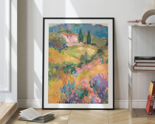 ⁦תמונה לפינת אוכל בסגנון ציור וינטג' בית בשדה צבעוני⁩ – תמונה ⁦2⁩