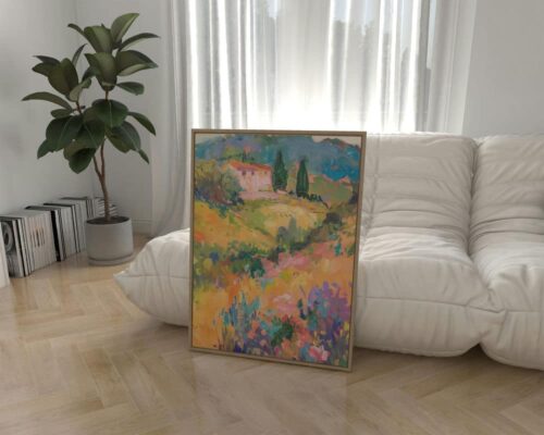 ⁦תמונה לפינת אוכל בסגנון ציור וינטג' בית בשדה צבעוני⁩ – תמונה ⁦3⁩