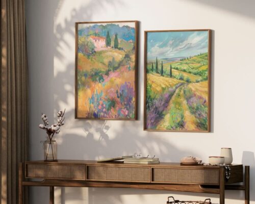 ⁦תמונה לפינת אוכל בסגנון ציור וינטג' בית בשדה צבעוני⁩ – תמונה ⁦4⁩