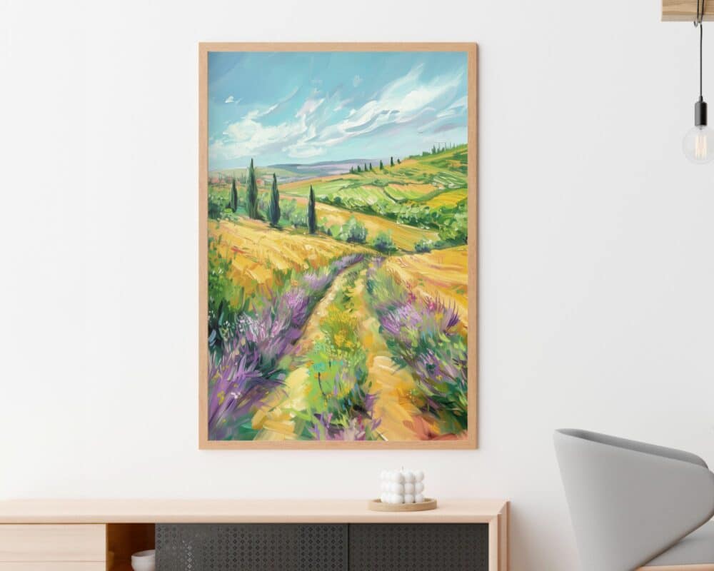 ציור ממוסגר שכותרתו "תמונה לפינת אוכל נוסח ציור וינטג' נוף ישראלי בקיץ" תלוי על קיר לבן. הוא מתאר שביל מתפתל בין שדות של פרחים צהובים וסגולים, המוביל לעבר גבעות ירוקות מתחת לשמים מעוננים. מתחת, יש שולחן מודרני עם פריט דקורטיבי קטן וכיסא אפור.