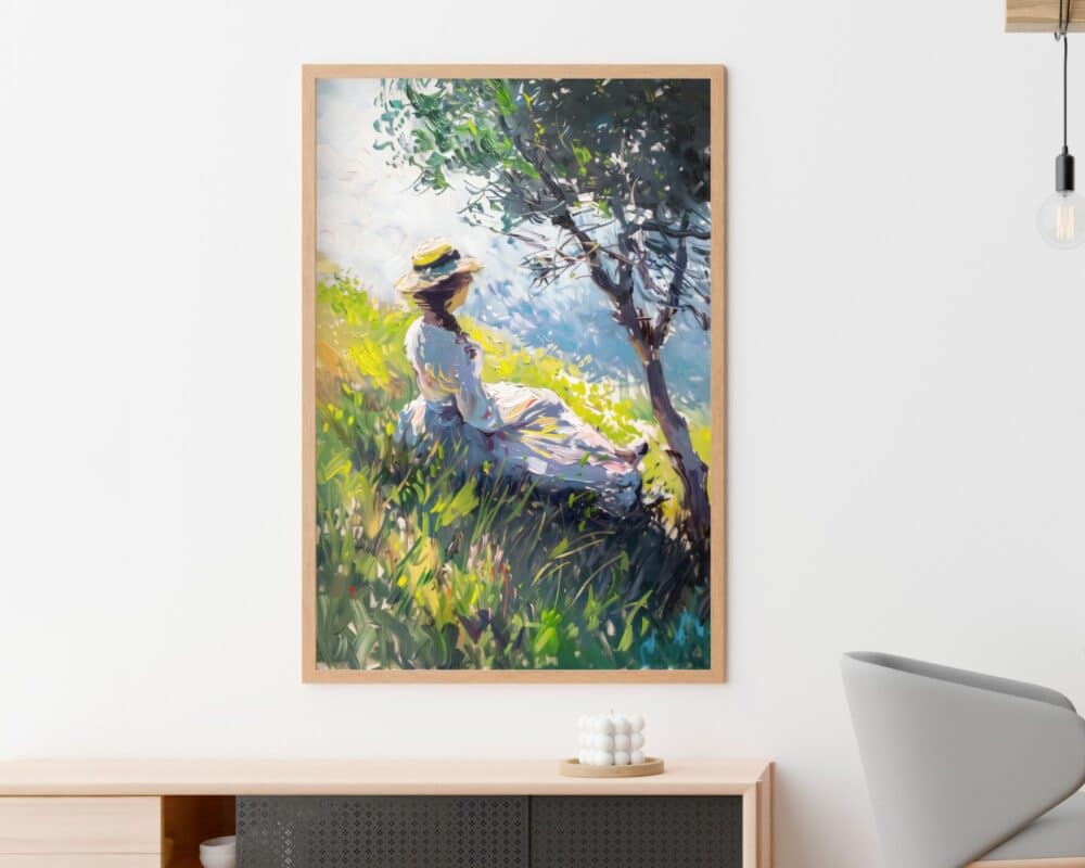 ציור ממוסגר שכותרתו "תמונה לפינת אוכל ציור וינטג' אישה מתחת לעץ", המתאר אדם בשמלה לבנה וכובע קש יושב מתחת לעץ באחו שטוף שמש, תלוי על קיר לבן. אמנות הקיר היא מעל מזנון מודרני עם פריטי נוי, וחלק מכיסא מינימליסטי נראה בצד ימין.