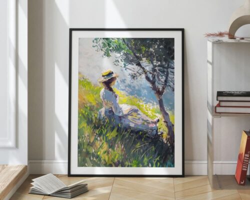 ⁦תמונה לפינת אוכל בסגנון ציור וינטג' אישה מתחת לעץ⁩ – תמונה ⁦2⁩