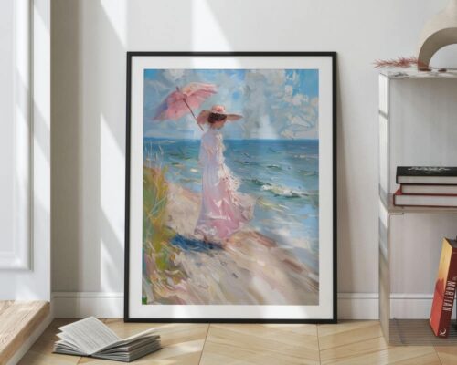 ⁦תמונה לפינת אוכל בסגנון ציור וינטג' גברת על חוף הים⁩ – תמונה ⁦2⁩