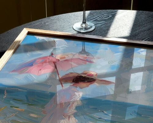 ⁦תמונה לפינת אוכל בסגנון ציור וינטג' גברת על חוף הים⁩ – תמונה ⁦5⁩