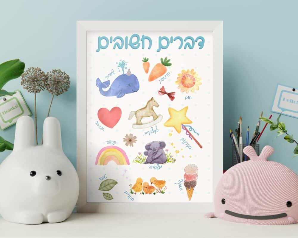 פוסטר ממוסגר של תמונה לחדר ילדים משפטי השראה מוטיבציה דברים חשובים עם איורים חמודים וצבעוניים של חפצים שונים ושמותיהם העבריים התואמים מוצג על שולחן עם מנורה בצורת ארנב, צמח וכלי כתיבה במחזיק בקרבת מקום.