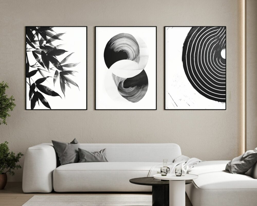 סט 3 תמונות לסלון מעל הספה מיניליסטי שחור לבן