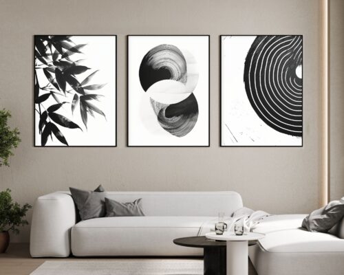סט 3 תמונות לסלון מעל הספה מיניליסטי שחור לבן