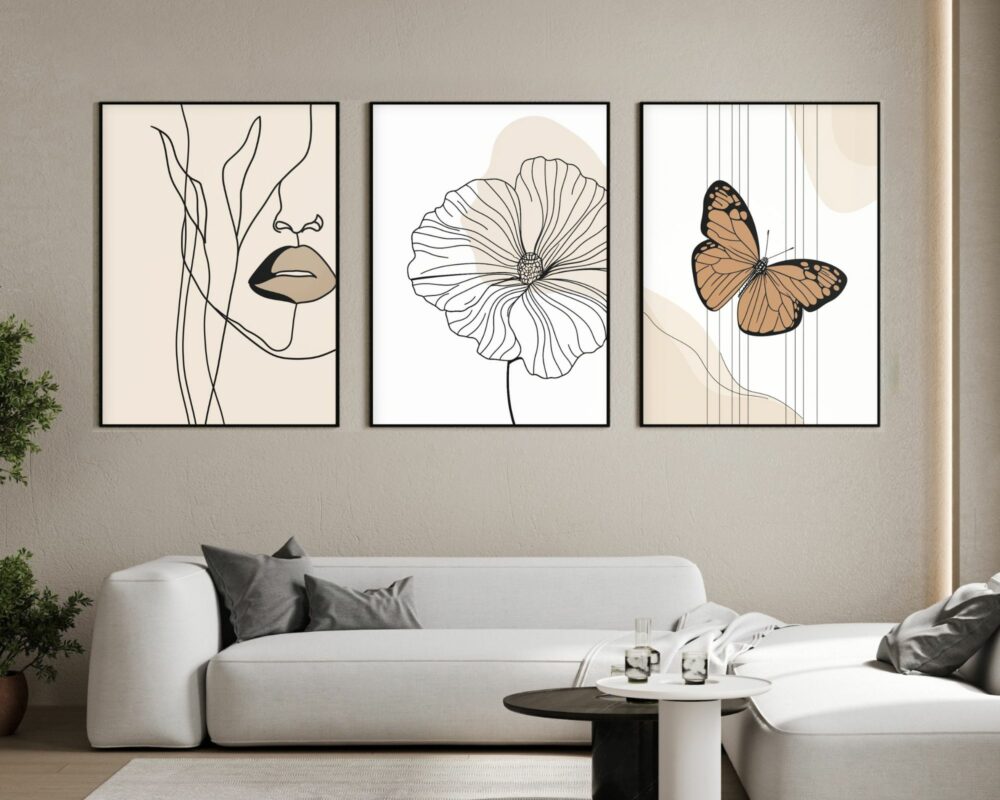 סט 3 תמונות לסלון מעל הספה קוי מתאר לבן ובז'