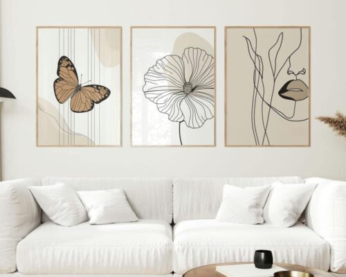 ⁦סט 3 תמונות לסלון מעל הספה קוי מתאר לבן ובז'⁩ – תמונה ⁦3⁩