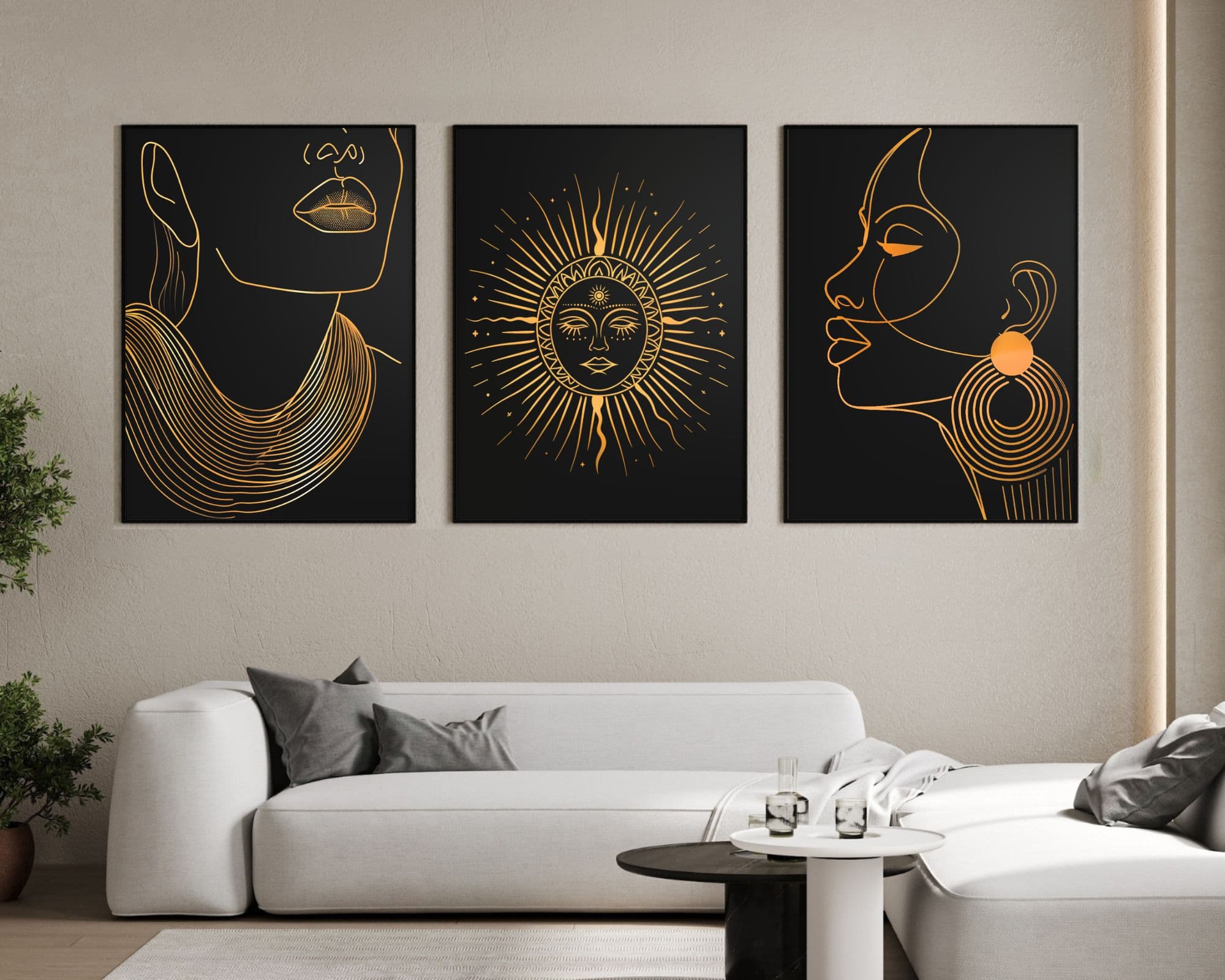 סט 3 תמונות לסלון מעל הספה נשים בזהב ושחור סט 3 תמונות לסלון מעל הספה נשים בזהב ושחור