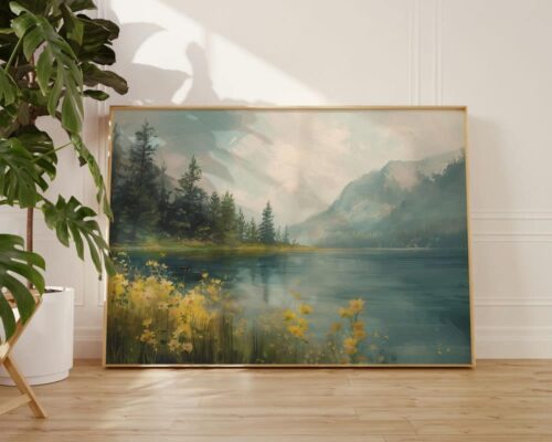 ⁦תמונה של אגם ביער צפוני למעל הספה בסגנון וינטג'⁩ – תמונה ⁦2⁩