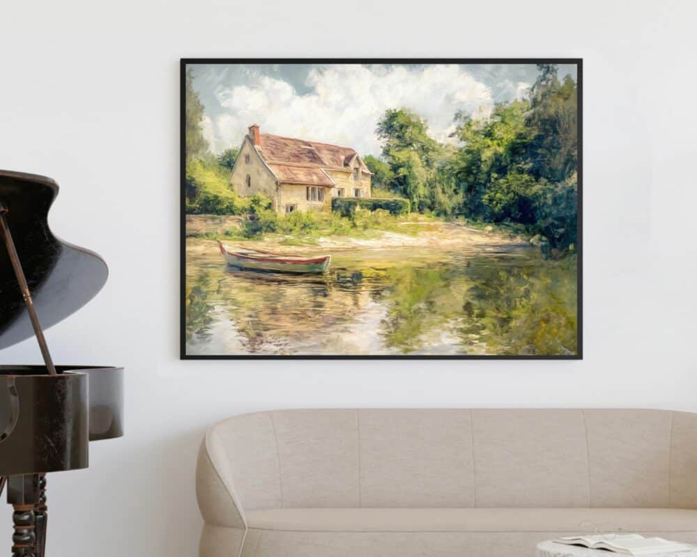 "תמונה מעל הספה נוסח ציור וינטג' בית על שפת אגם" המתאר סצנה שלווה על שפת נהר עם קוטג', ירוק שופע וסירה על המים תלויה על קיר לבן. הציור ממוקם מעל ספה בז', וקצהו של פסנתר כנף שחור נראה בצד שמאל של התמונה.