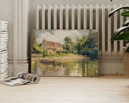 ⁦תמונה מעל הספה בסגנון ציור וינטג' בית על שפת אגם⁩ – תמונה ⁦4⁩