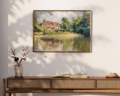 ⁦תמונה מעל הספה בסגנון ציור וינטג' בית על שפת אגם⁩ – תמונה ⁦2⁩