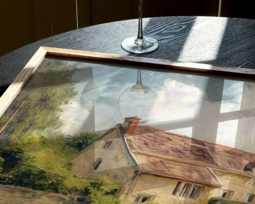 ⁦תמונה מעל הספה בסגנון ציור וינטג' בית על שפת אגם⁩ – תמונה ⁦5⁩