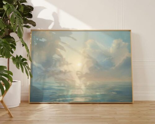⁦תמונה מעל הספה בסגנון ציור וינטג' זריחה בים שקט⁩ – תמונה ⁦3⁩
