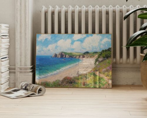 ⁦תמונה מעל הספה בסגנון ציור וינטג' צוק וחוף ים⁩ – תמונה ⁦2⁩