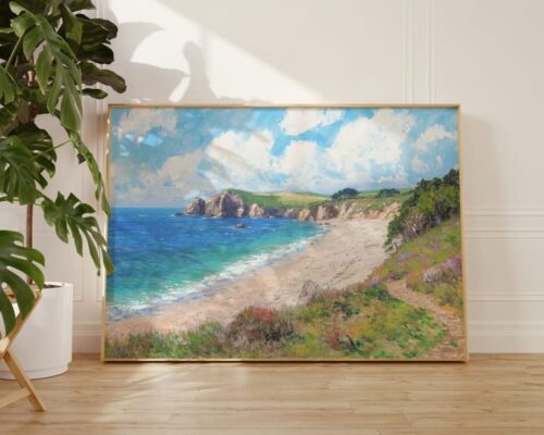 ⁦תמונה מעל הספה בסגנון ציור וינטג' צוק וחוף ים⁩ – תמונה ⁦3⁩