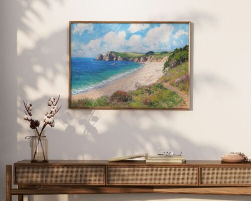 ⁦תמונה מעל הספה בסגנון ציור וינטג' צוק וחוף ים⁩ – תמונה ⁦4⁩