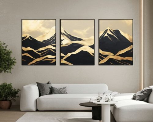 סט 3 תמונות של הרים לסלון בסגנון אבסטרקט הרים בזהב ושחור