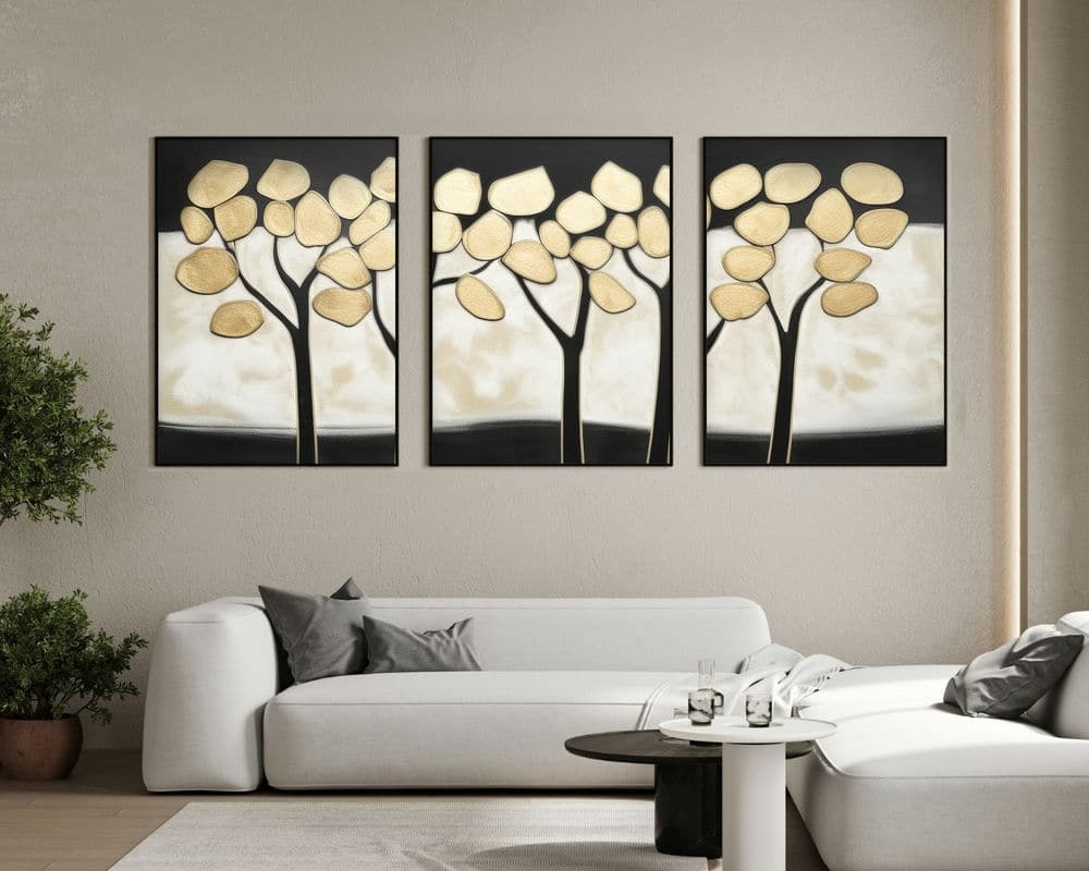 סט 3 תמונות של עצים יפים ועלי זהב לסלון בסגנון אבסטרקט