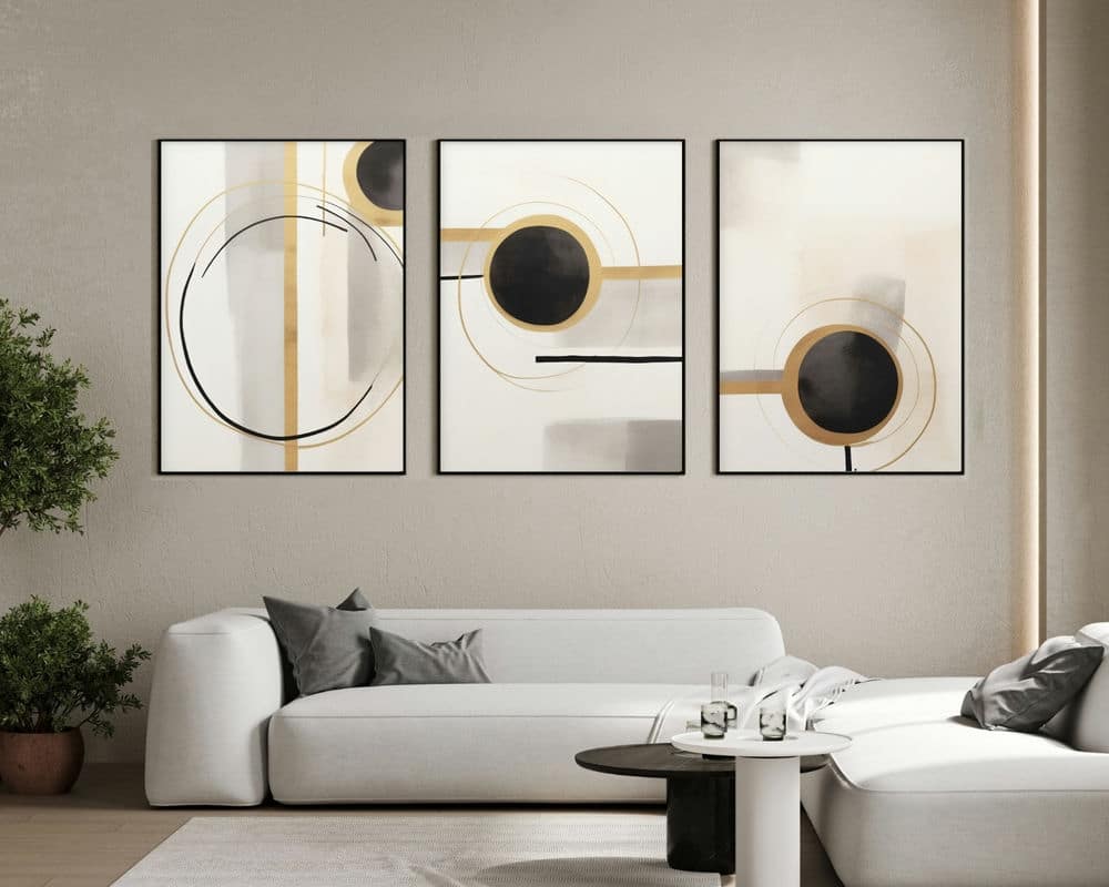 סט 3 תמונות לסלון עיגולים קווים זהב שחור סגנון מודרני