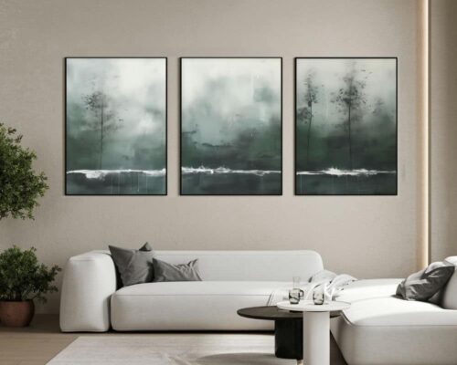 סט 3 תמונות של יער על קו מים לסלון בסגנון אבסטרקט
