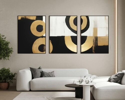 סט 3 תמונות לסלון עיגולים שחור זהב סגנון מינימליסטי