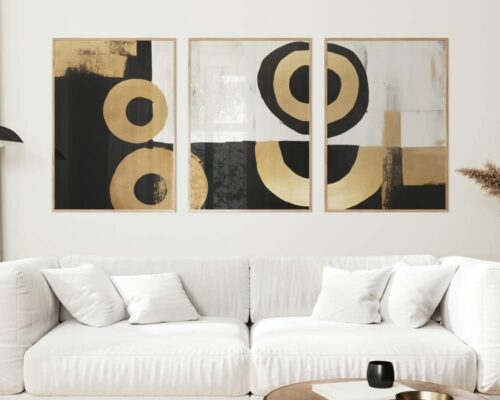 ⁦סט 3 תמונות לסלון בסגנון מינימליסטי עיגולים שחור וזהב⁩ – תמונה ⁦2⁩