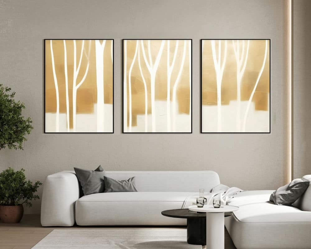 סט 3 תמונות לסלון עצים בלבן וזהב בסגנון מינימליסטי