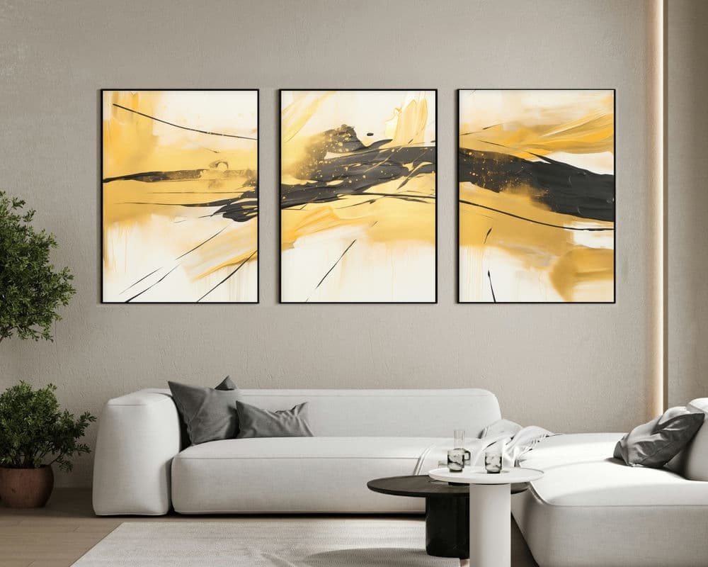 סט 3 תמונות של פיצוץ בזהב ושחור לסלון בסגנון אבסטרקט